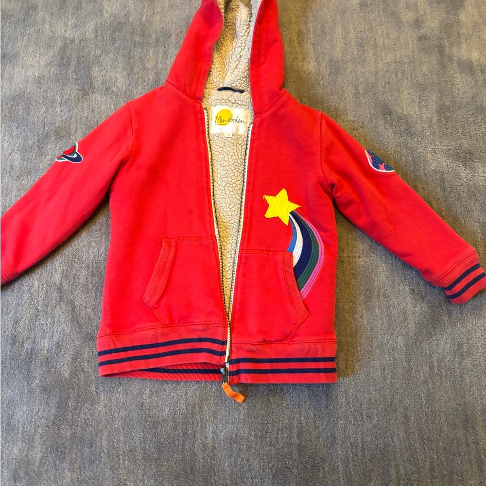 Mini Boden Red Hoodie with Star and Rainbow fleece lined 5-6T boy